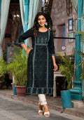 Juniper Women's Bottle Green Ethnic Motif Printed Rayon Kurta With Straight Hemline | Grocsy