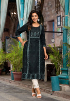 Juniper Women's Bottle Green Ethnic Motif Printed Rayon Kurta With Straight Hemline | Grocsy