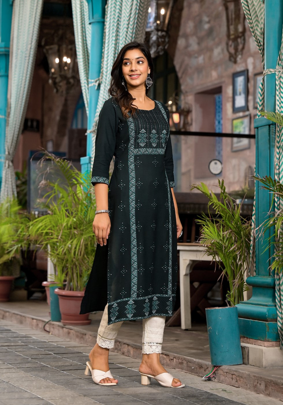 Juniper Women's Bottle Green Ethnic Motif Printed Rayon Kurta With Straight Hemline | Grocsy