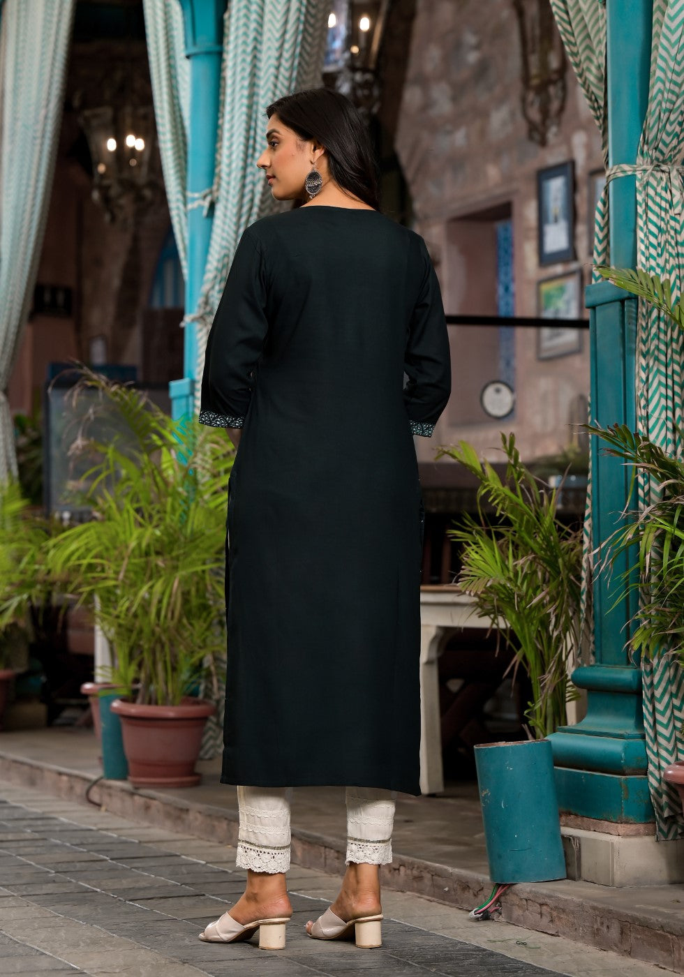 Juniper Women's Bottle Green Ethnic Motif Printed Rayon Kurta With Straight Hemline | Grocsy
