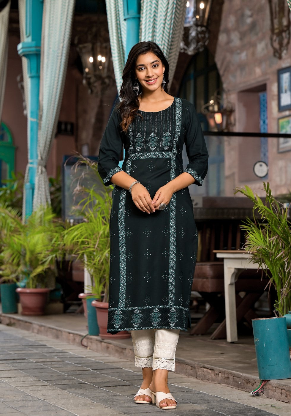 Juniper Women's Bottle Green Ethnic Motif Printed Rayon Kurta With Straight Hemline | Grocsy