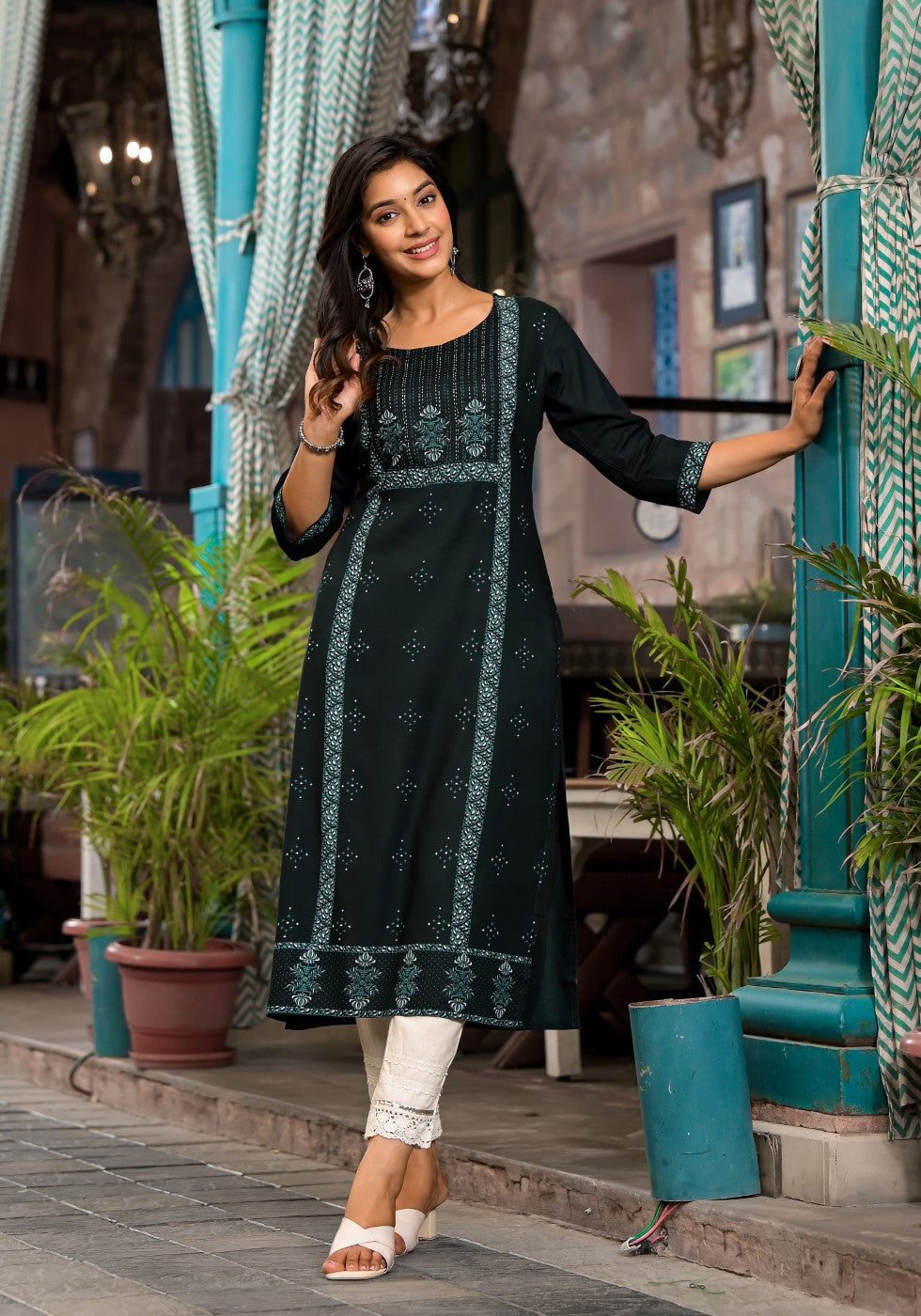 Juniper Women's Bottle Green Ethnic Motif Printed Rayon Kurta With Straight Hemline | Grocsy