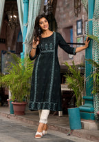 Juniper Women's Bottle Green Ethnic Motif Printed Rayon Kurta With Straight Hemline | Grocsy