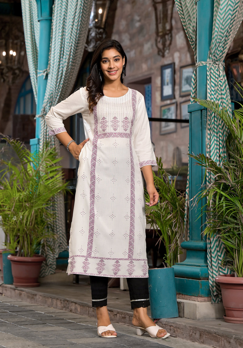 Juniper Women's White Ethnic Motif Printed Rayon Round NeckKurta With Straight Hemline | Grocsy
