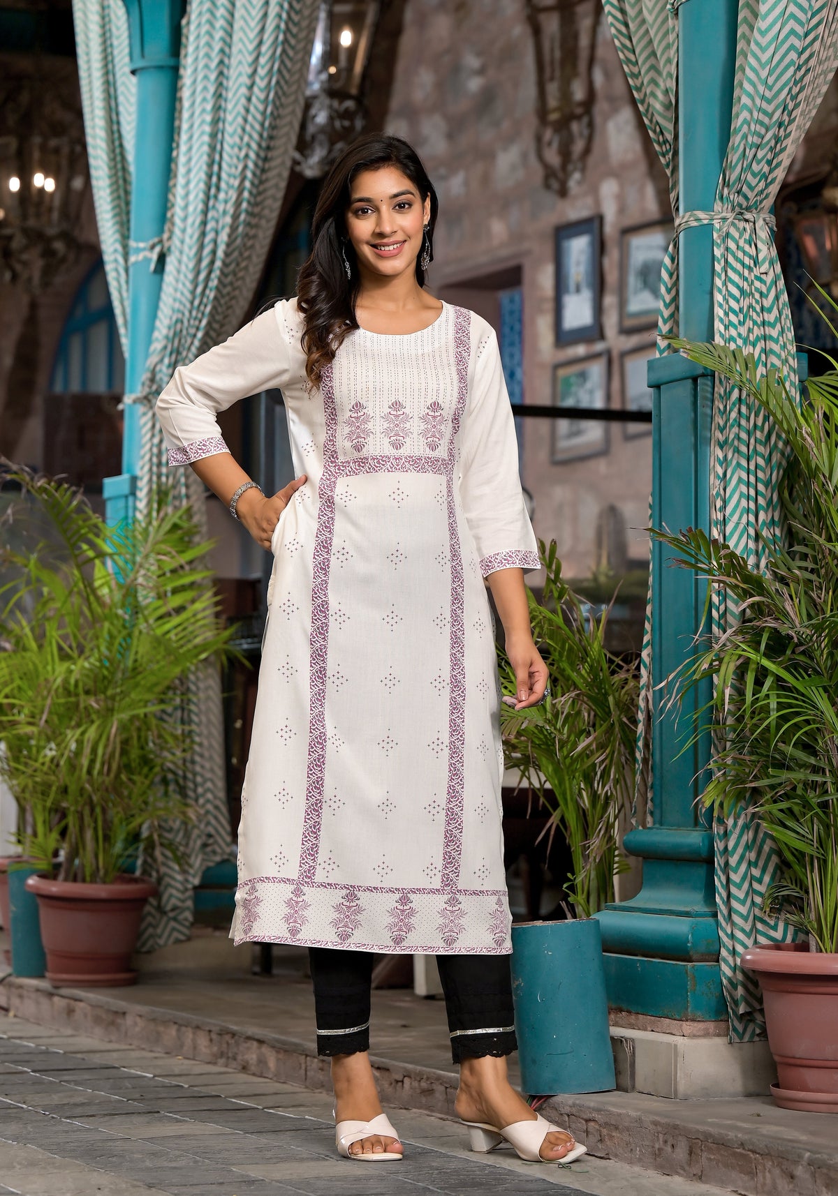 Juniper Women's White Ethnic Motif Printed Rayon Round NeckKurta With Straight Hemline | Grocsy