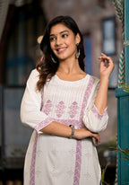 Juniper Women's White Ethnic Motif Printed Rayon Round NeckKurta With Straight Hemline | Grocsy