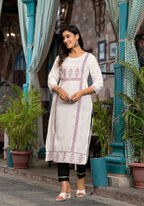 Juniper Women's White Ethnic Motif Printed Rayon Round NeckKurta With Straight Hemline | Grocsy
