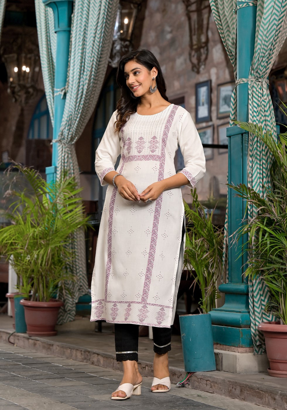Juniper Women's White Ethnic Motif Printed Rayon Round NeckKurta With Straight Hemline | Grocsy