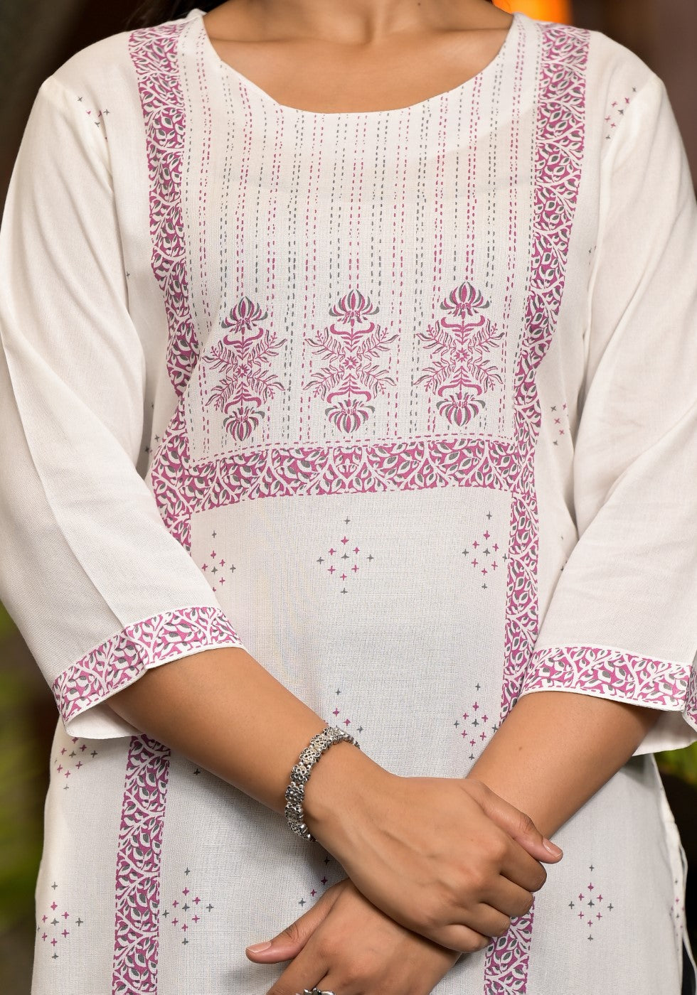Juniper Women's White Ethnic Motif Printed Rayon Round NeckKurta With Straight Hemline | Grocsy
