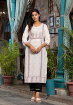 Juniper Women's White Ethnic Motif Printed Rayon Round NeckKurta With Straight Hemline | Grocsy