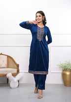 Juniper Women's Velvet Blue Kurta & Pant Set With Thread Work & Sequins | Grocsy