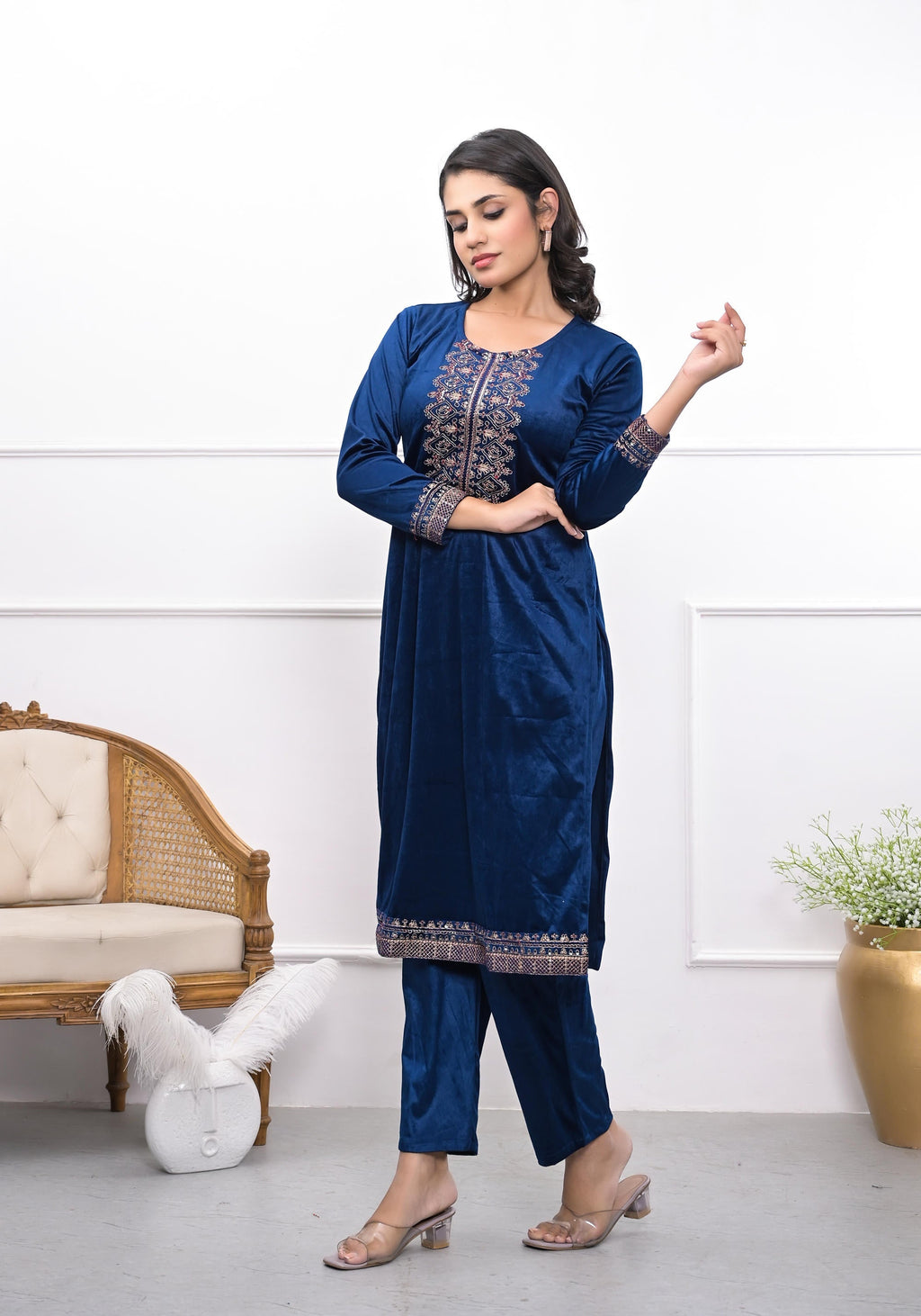 Juniper Women's Velvet Blue Kurta & Pant Set With Thread Work & Sequins | Grocsy