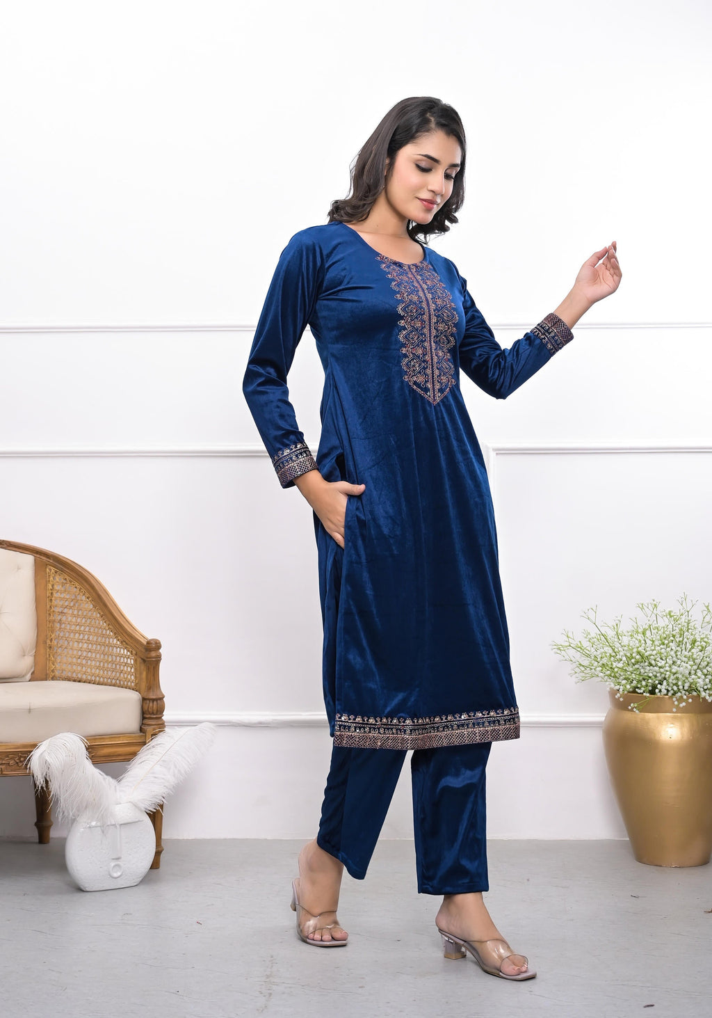Juniper Women's Velvet Blue Kurta & Pant Set With Thread Work & Sequins | Grocsy
