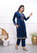 Juniper Women's Velvet Blue Kurta & Pant Set With Thread Work & Sequins | Grocsy