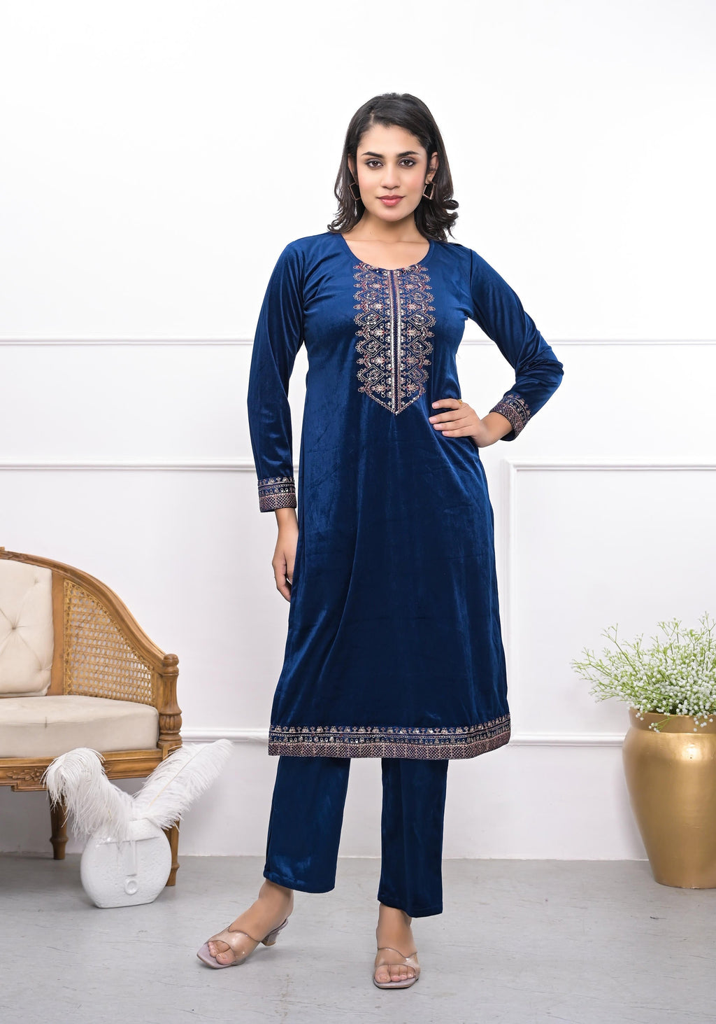 Juniper Women's Velvet Blue Kurta & Pant Set With Thread Work & Sequins | Grocsy