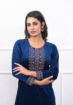 Juniper Women's Velvet Blue Kurta & Pant Set With Thread Work & Sequins | Grocsy