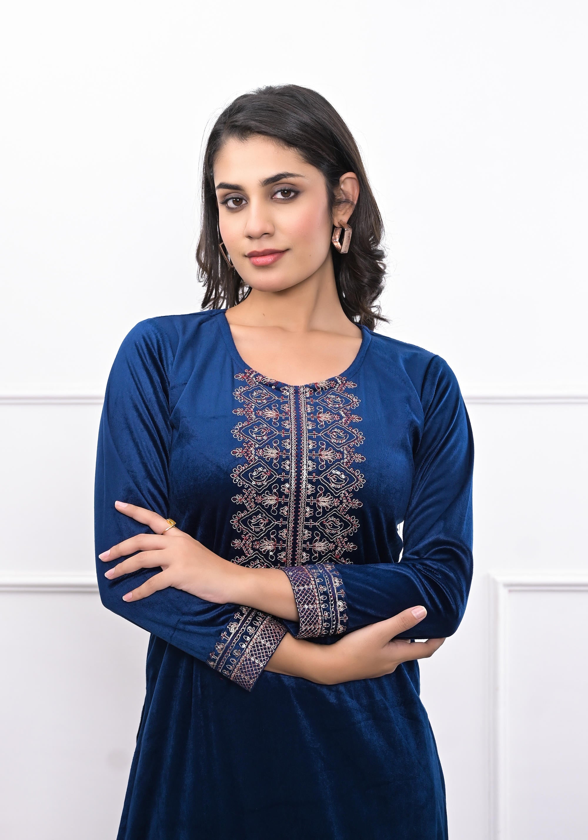 Juniper Women's Velvet Blue Kurta & Pant Set With Thread Work & Sequins | Grocsy