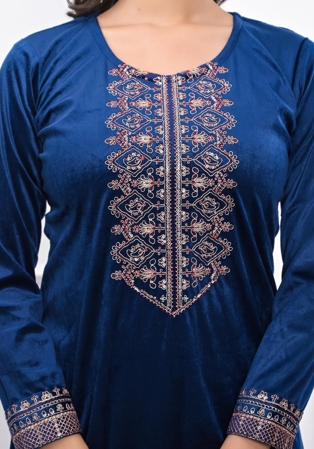 Juniper Women's Velvet Blue Kurta & Pant Set With Thread Work & Sequins | Grocsy