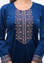 Juniper Women's Velvet Blue Kurta & Pant Set With Thread Work & Sequins | Grocsy