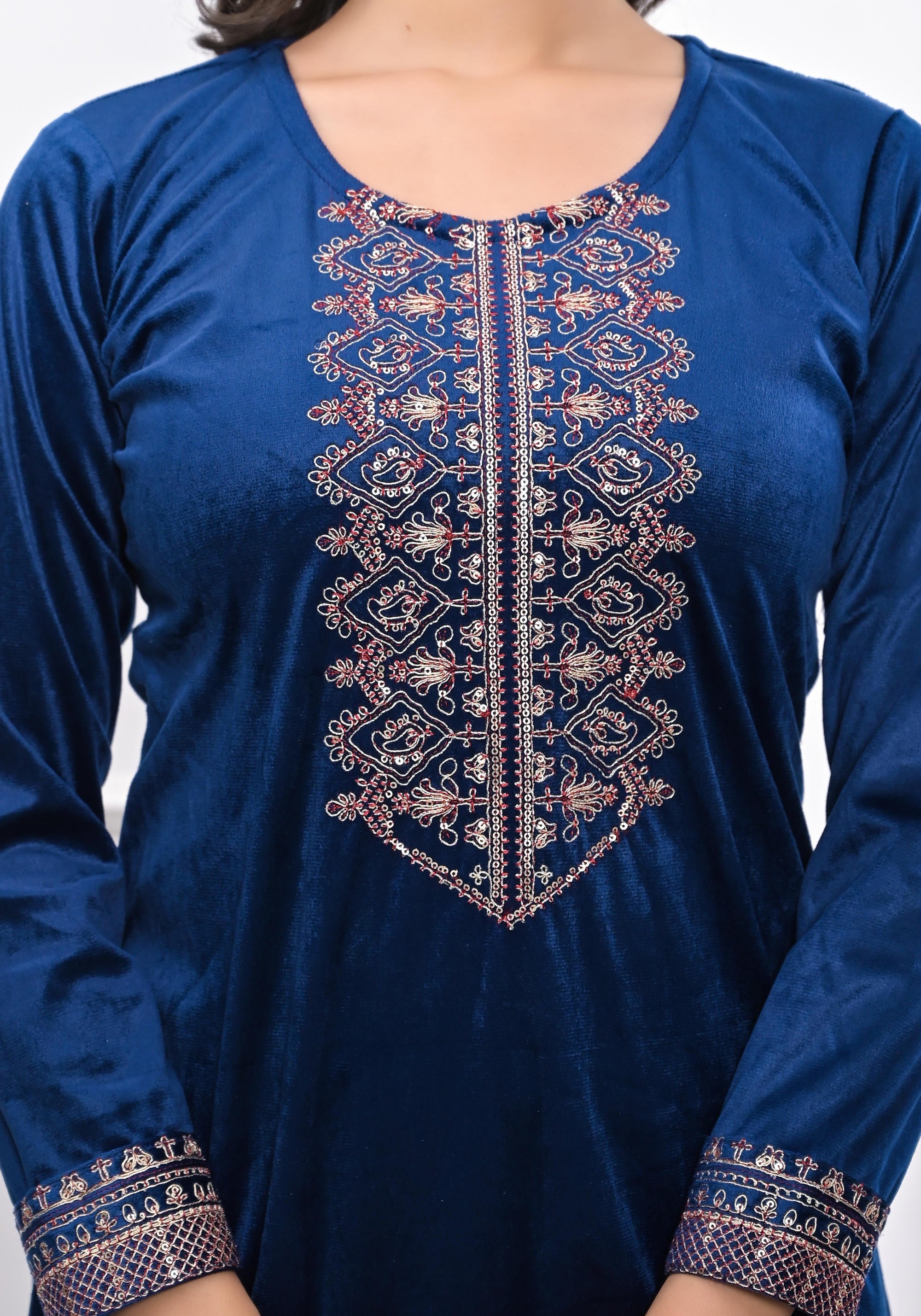 Juniper Women's Velvet Blue Kurta & Pant Set With Thread Work & Sequins | Grocsy