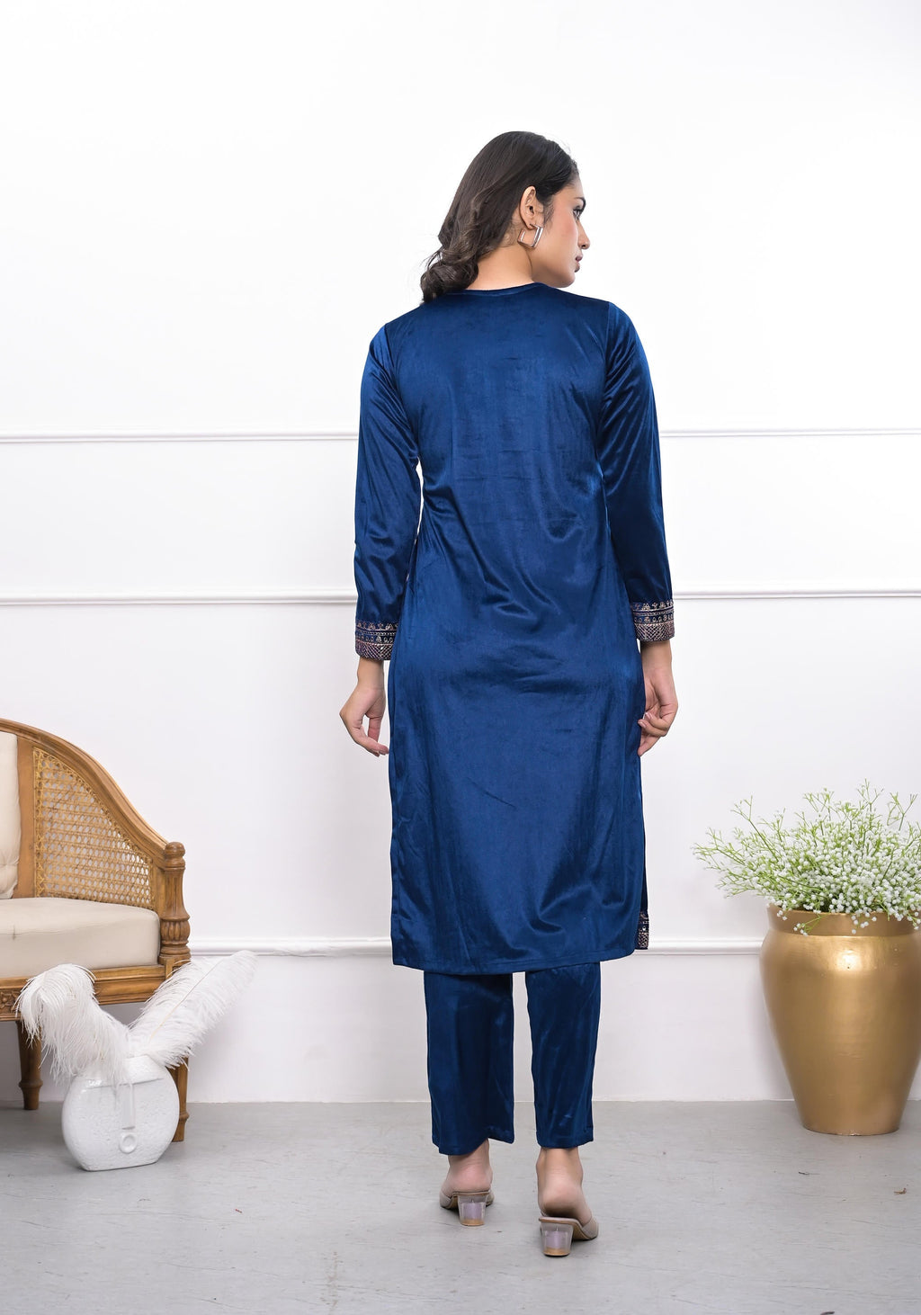 Juniper Women's Velvet Blue Kurta & Pant Set With Thread Work & Sequins | Grocsy
