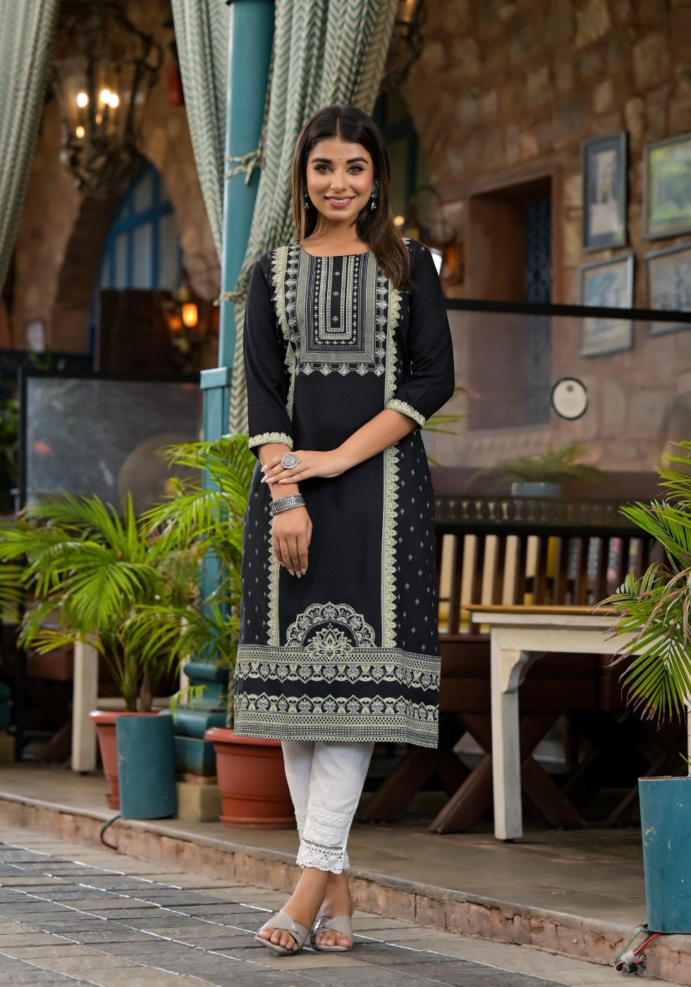Juniper Women's Black Ethnic Motif Printed Rayon KurtaWith Straight Hemline And Buttons | Grocsy