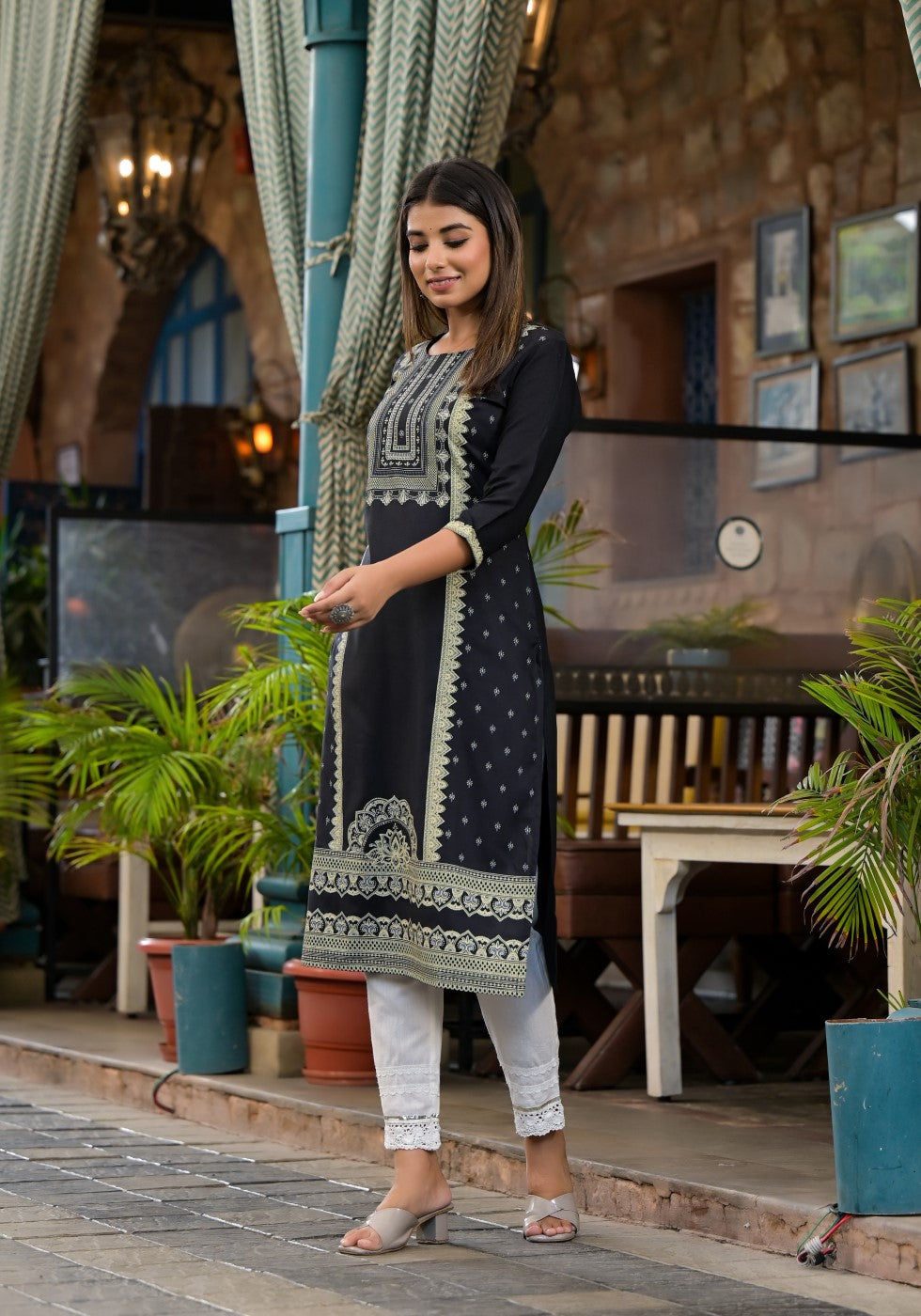 Juniper Women's Black Ethnic Motif Printed Rayon KurtaWith Straight Hemline And Buttons | Grocsy