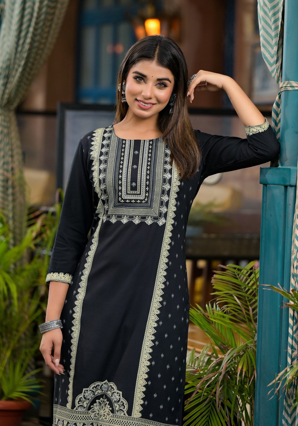 Juniper Women's Black Ethnic Motif Printed Rayon KurtaWith Straight Hemline And Buttons | Grocsy