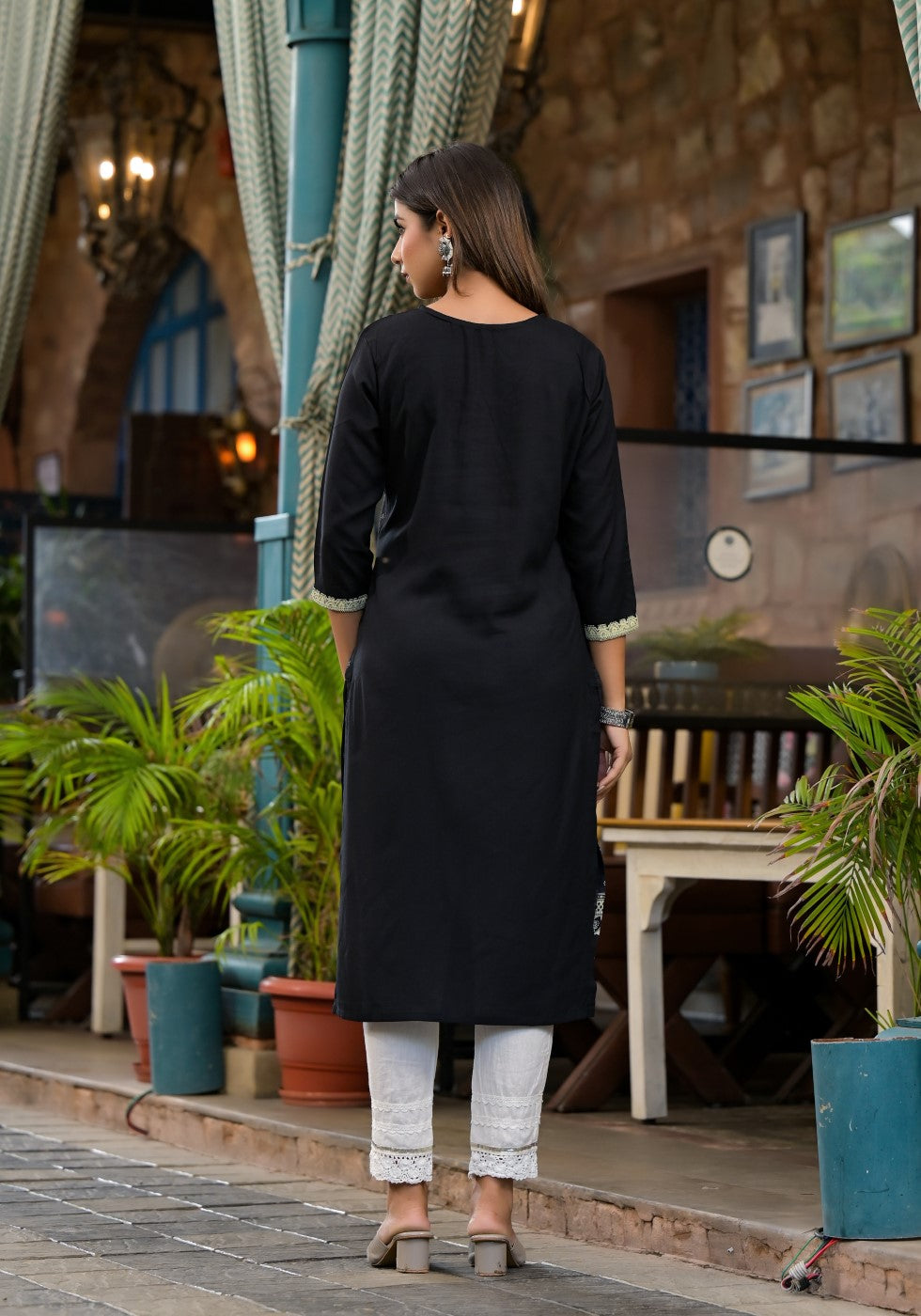 Juniper Women's Black Ethnic Motif Printed Rayon KurtaWith Straight Hemline And Buttons | Grocsy