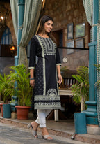 Juniper Women's Black Ethnic Motif Printed Rayon KurtaWith Straight Hemline And Buttons | Grocsy
