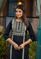 Juniper Women's Black Ethnic Motif Printed Rayon KurtaWith Straight Hemline And Buttons | Grocsy