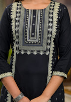 Juniper Women's Black Ethnic Motif Printed Rayon KurtaWith Straight Hemline And Buttons | Grocsy