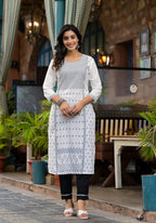 Juniper Women's White Ethnic Motif Printed Rayon Kurta With Straight Hemline | Grocsy