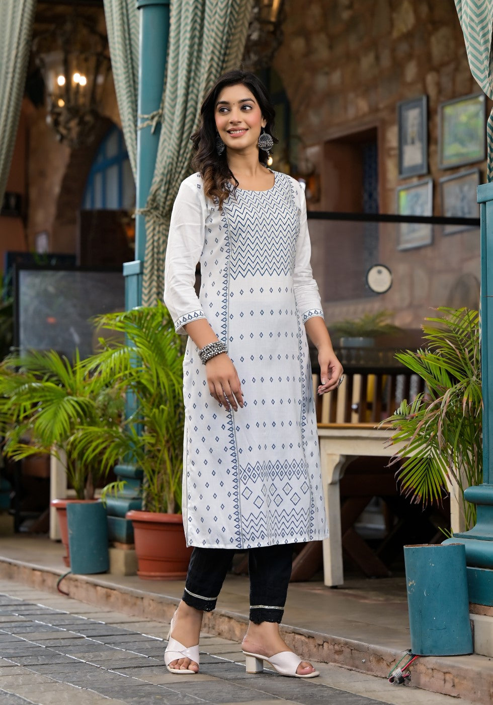 Juniper Women's White Ethnic Motif Printed Rayon Kurta With Straight Hemline | Grocsy