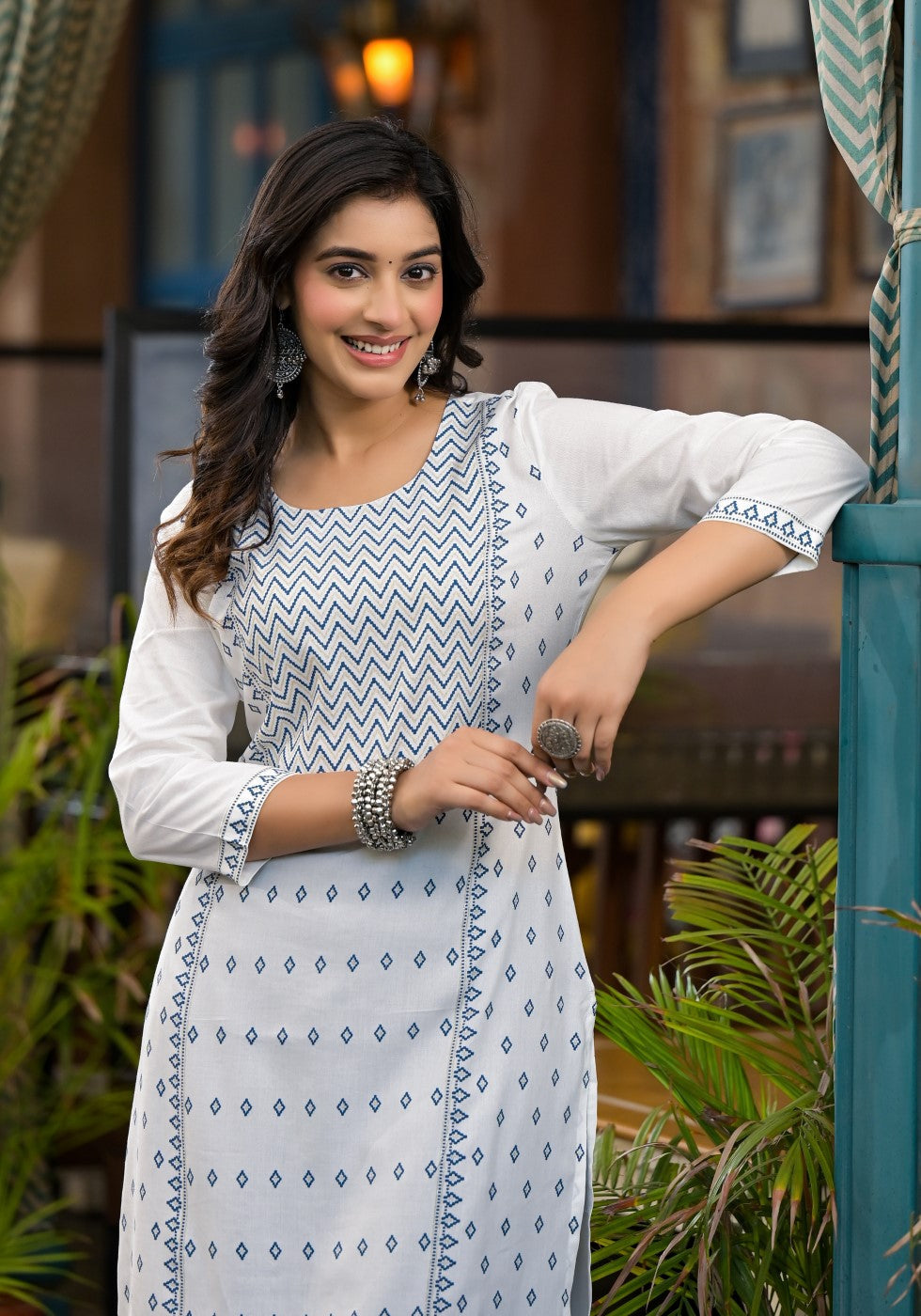 Juniper Women's White Ethnic Motif Printed Rayon Kurta With Straight Hemline | Grocsy