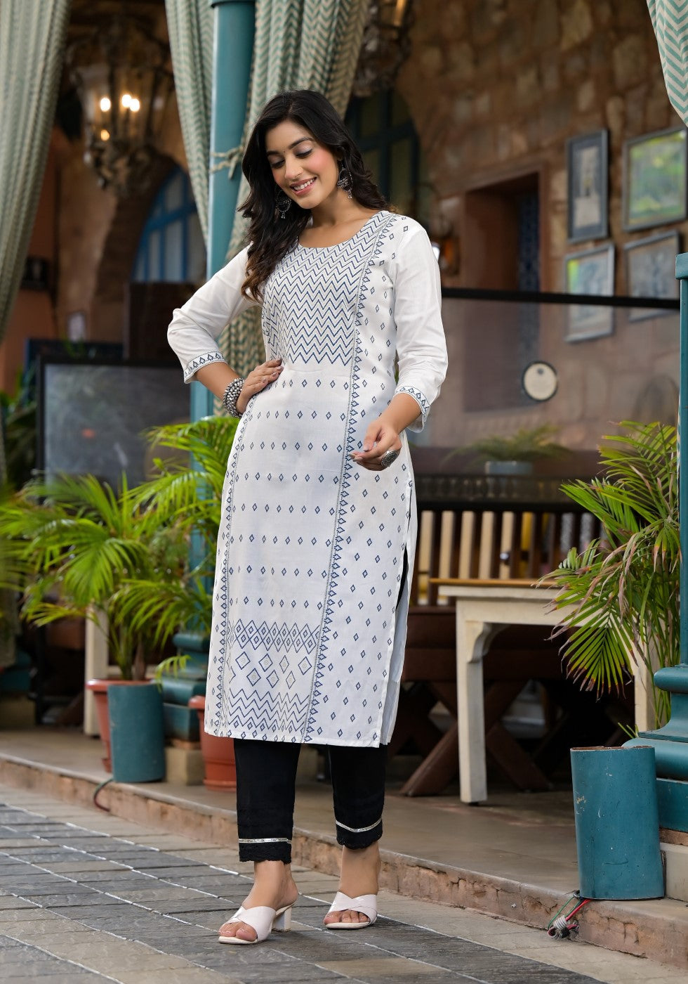 Juniper Women's White Ethnic Motif Printed Rayon Kurta With Straight Hemline | Grocsy