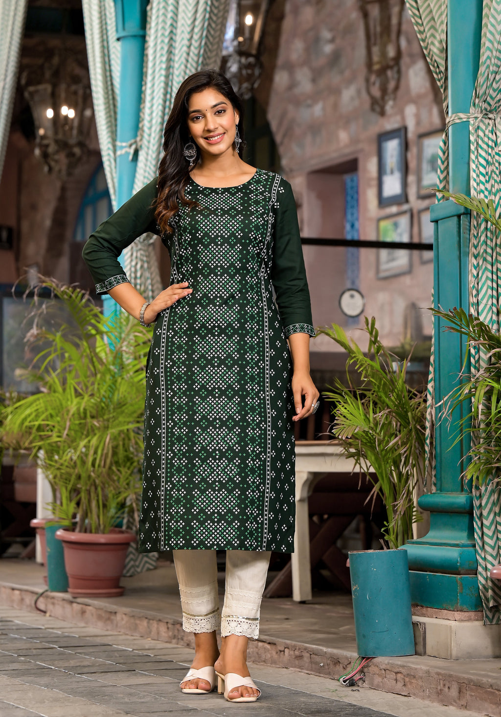 Juniper Women's Green Ethnic Motif Printed Round NeckRayon Kurta With Straight Hemline | Grocsy