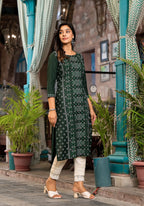Juniper Women's Green Ethnic Motif Printed Round NeckRayon Kurta With Straight Hemline | Grocsy
