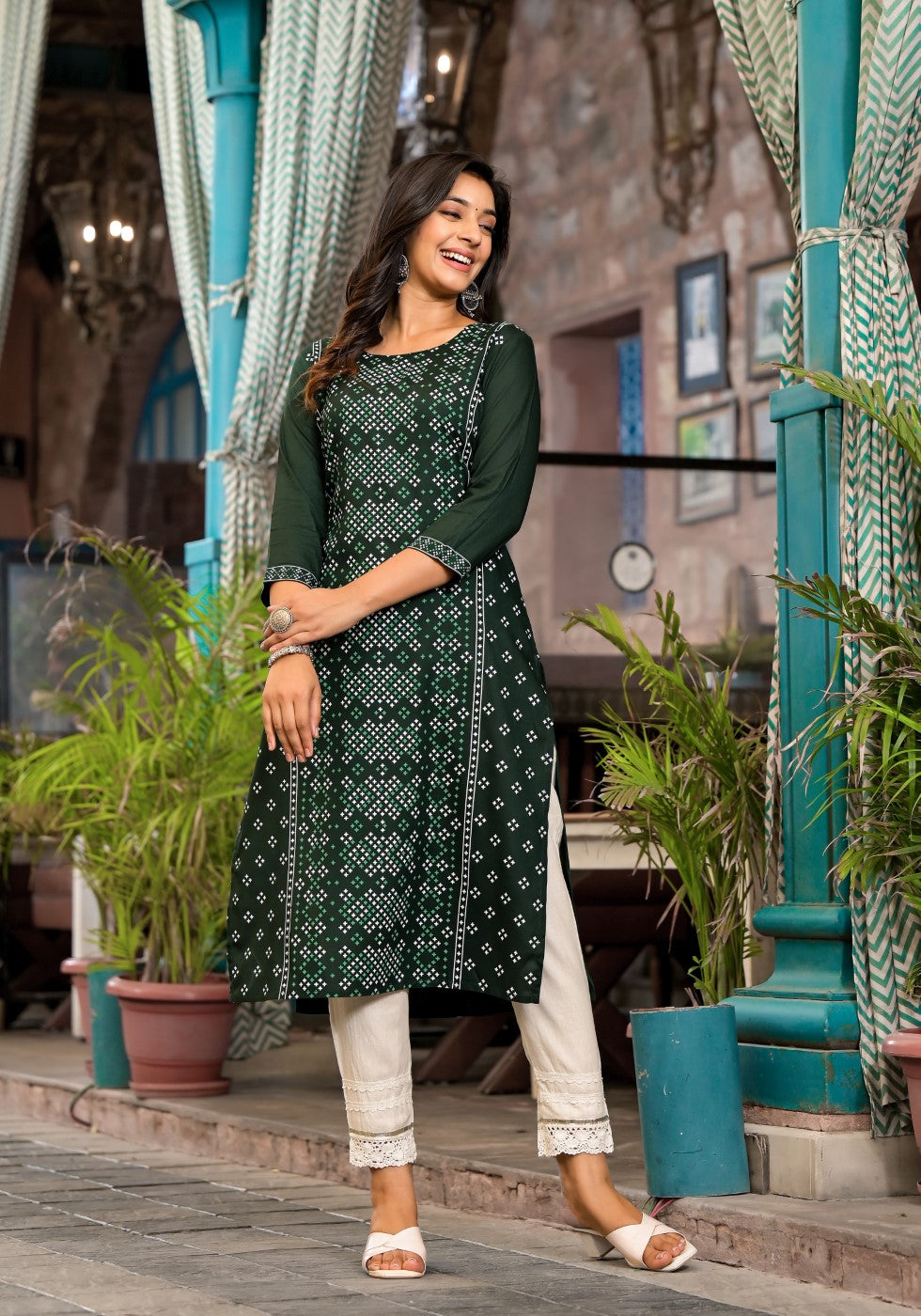 Juniper Women's Green Ethnic Motif Printed Round NeckRayon Kurta With Straight Hemline | Grocsy