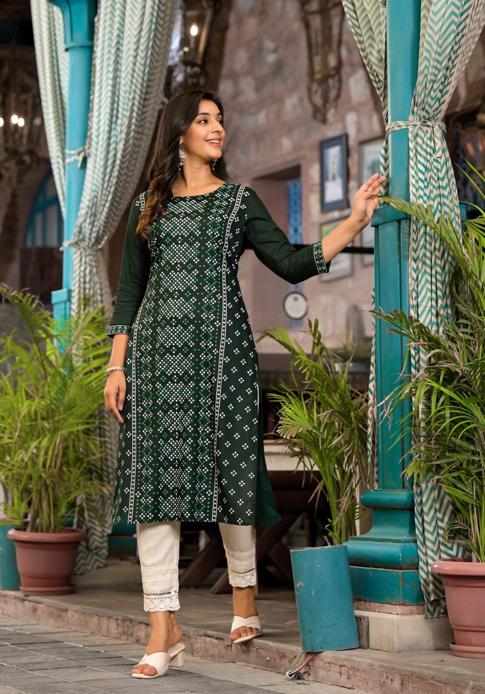 Juniper Women's Green Ethnic Motif Printed Round NeckRayon Kurta With Straight Hemline | Grocsy