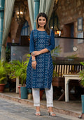 Juniper Women's Teal Ethnic Motif Printed Round Neck Rayon Kurta With Straight Hemline | Grocsy