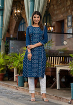 Juniper Women's Teal Ethnic Motif Printed Round Neck Rayon Kurta With Straight Hemline | Grocsy