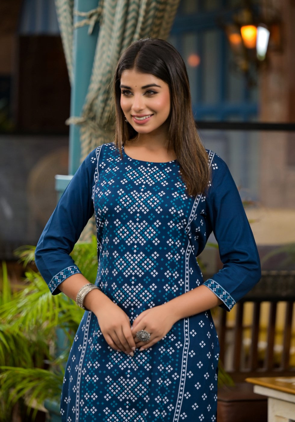 Juniper Women's Teal Ethnic Motif Printed Round Neck Rayon Kurta With Straight Hemline | Grocsy