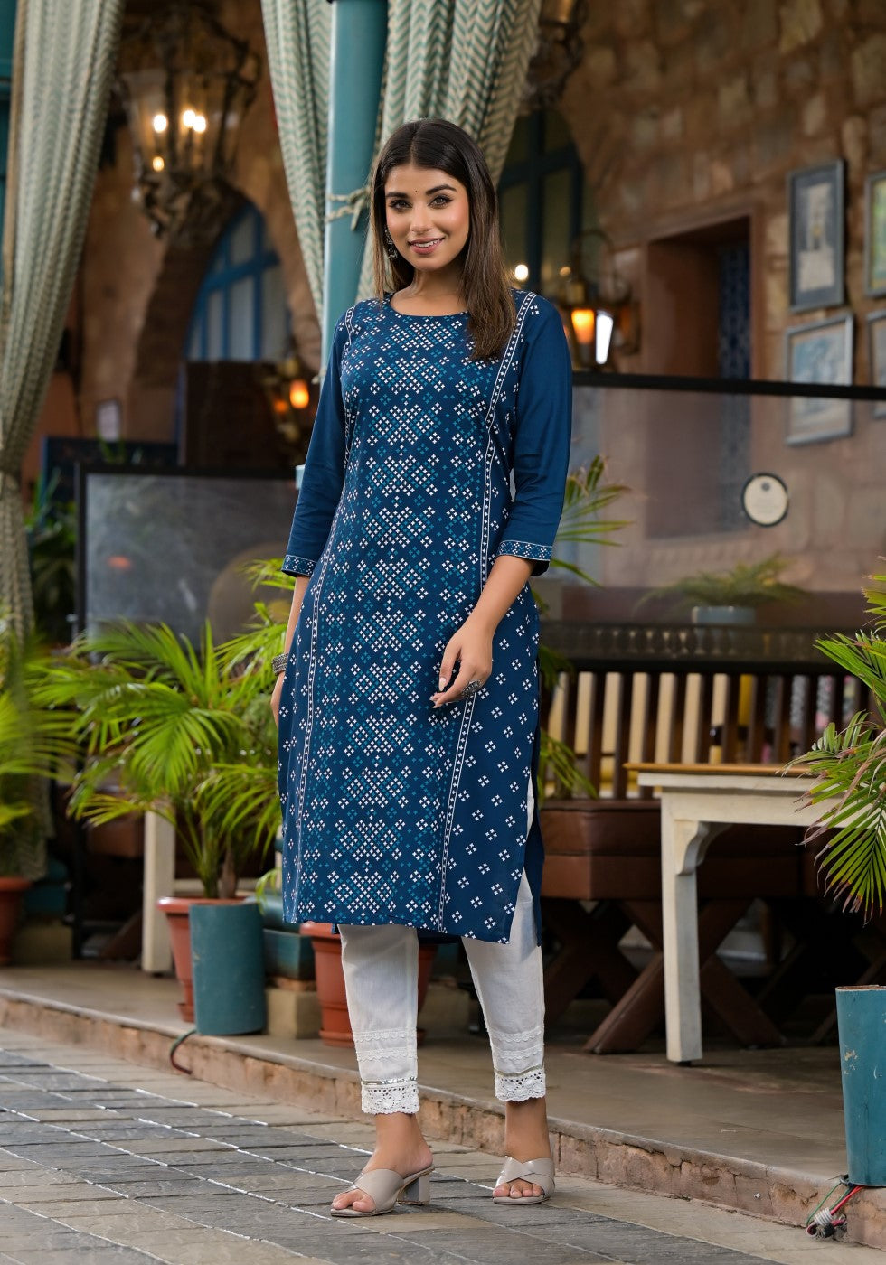 Juniper Women's Teal Ethnic Motif Printed Round Neck Rayon Kurta With Straight Hemline | Grocsy