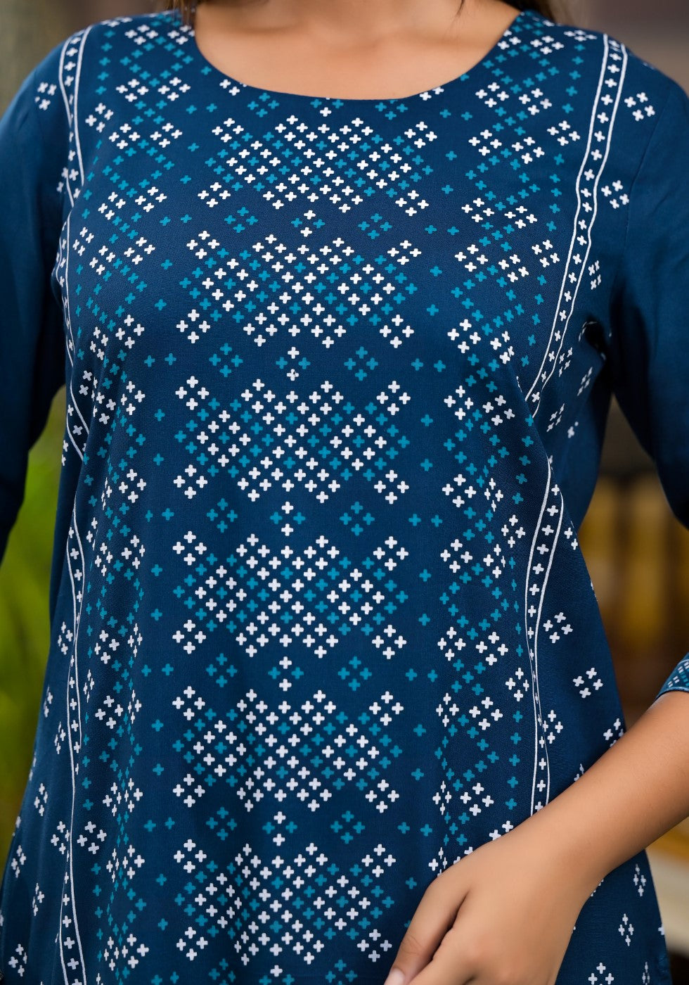 Juniper Women's Teal Ethnic Motif Printed Round Neck Rayon Kurta With Straight Hemline | Grocsy