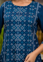 Juniper Women's Teal Ethnic Motif Printed Round Neck Rayon Kurta With Straight Hemline | Grocsy