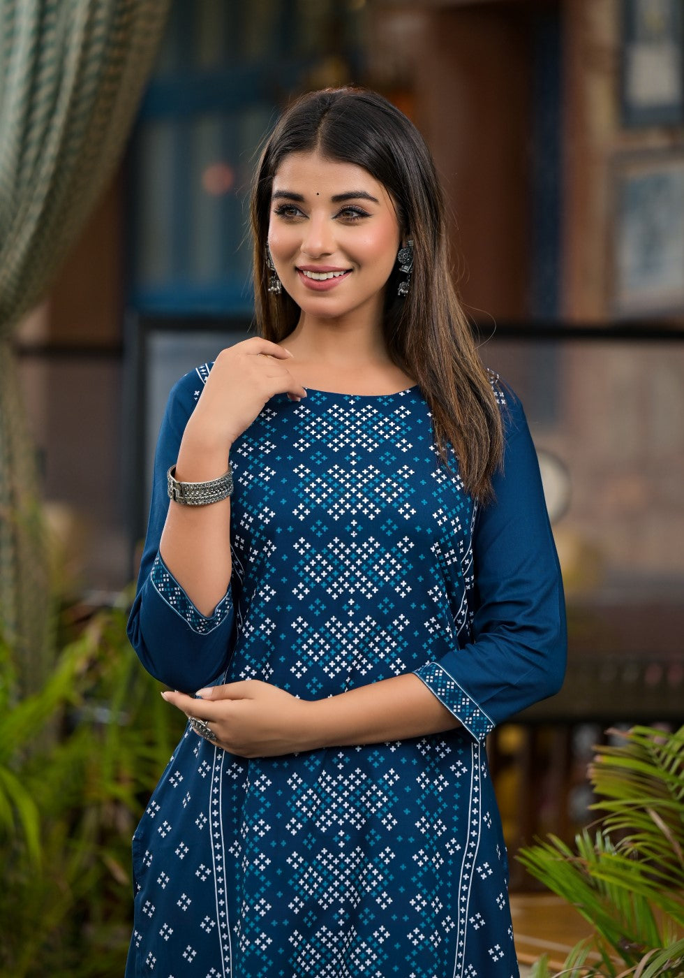 Juniper Women's Teal Ethnic Motif Printed Round Neck Rayon Kurta With Straight Hemline | Grocsy