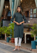 Juniper Women's Bottle Green Striped Printed Cotton Kurta With Button Detail | Grocsy
