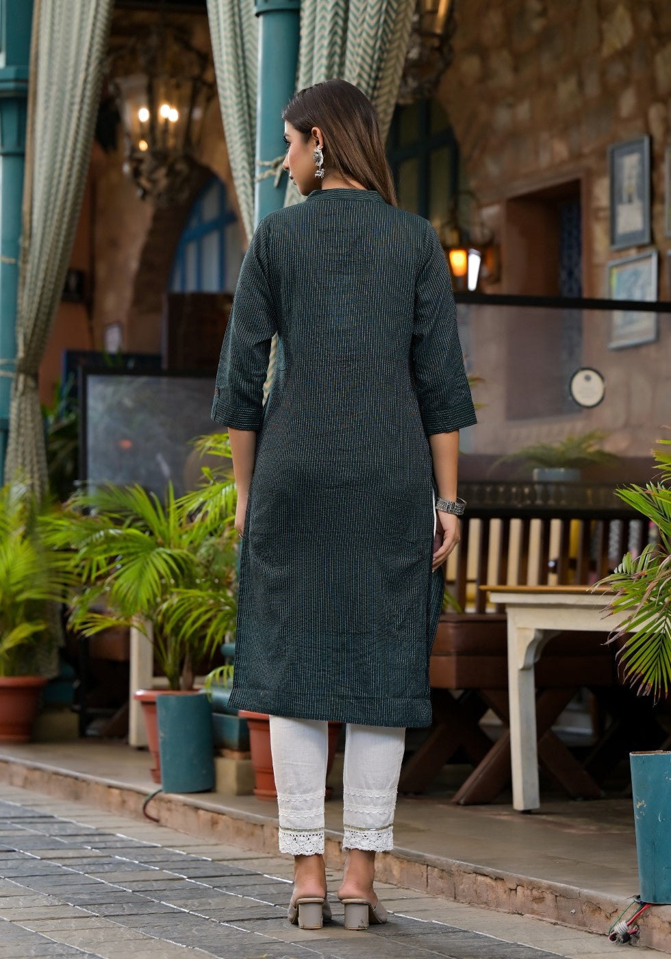 Juniper Women's Bottle Green Striped Printed Cotton Kurta With Button Detail | Grocsy