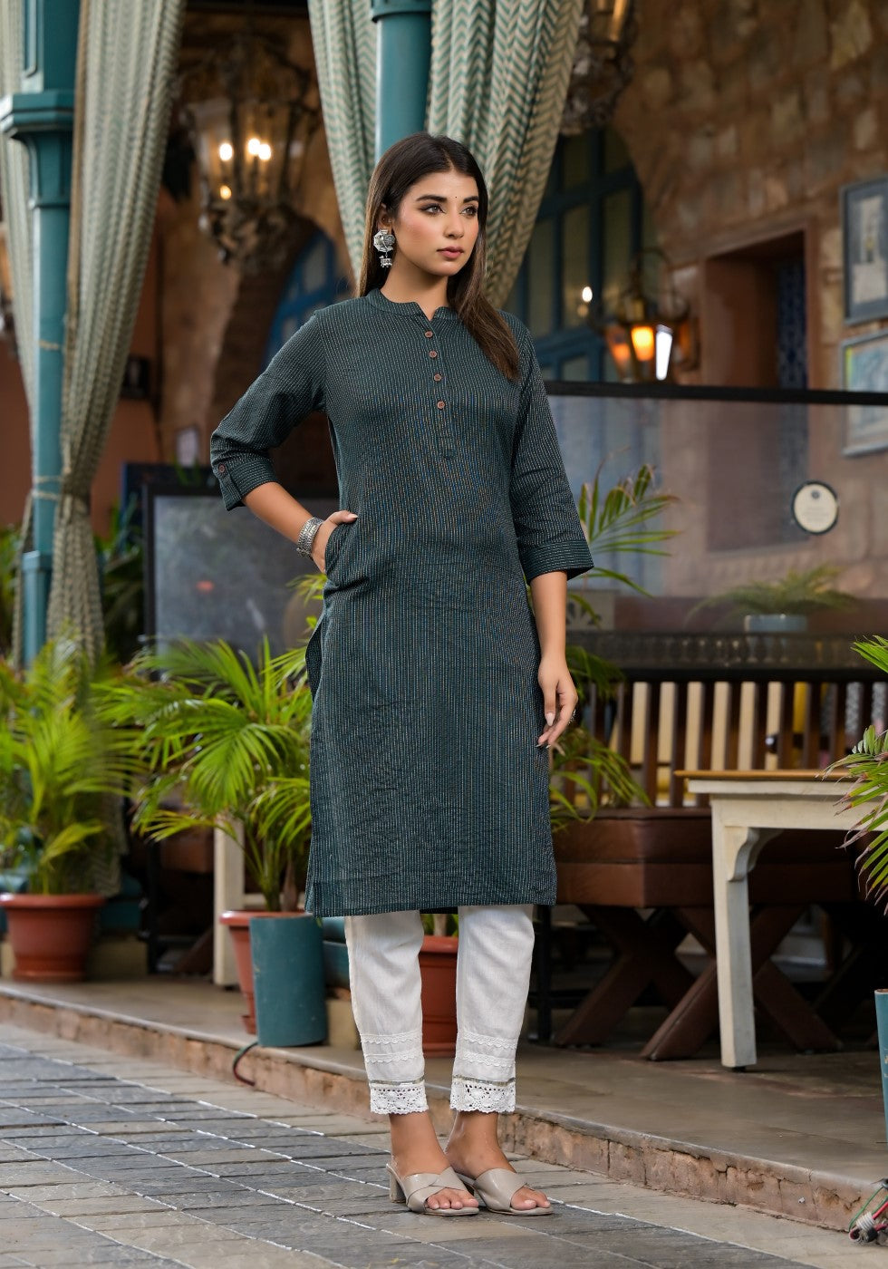 Juniper Women's Bottle Green Striped Printed Cotton Kurta With Button Detail | Grocsy